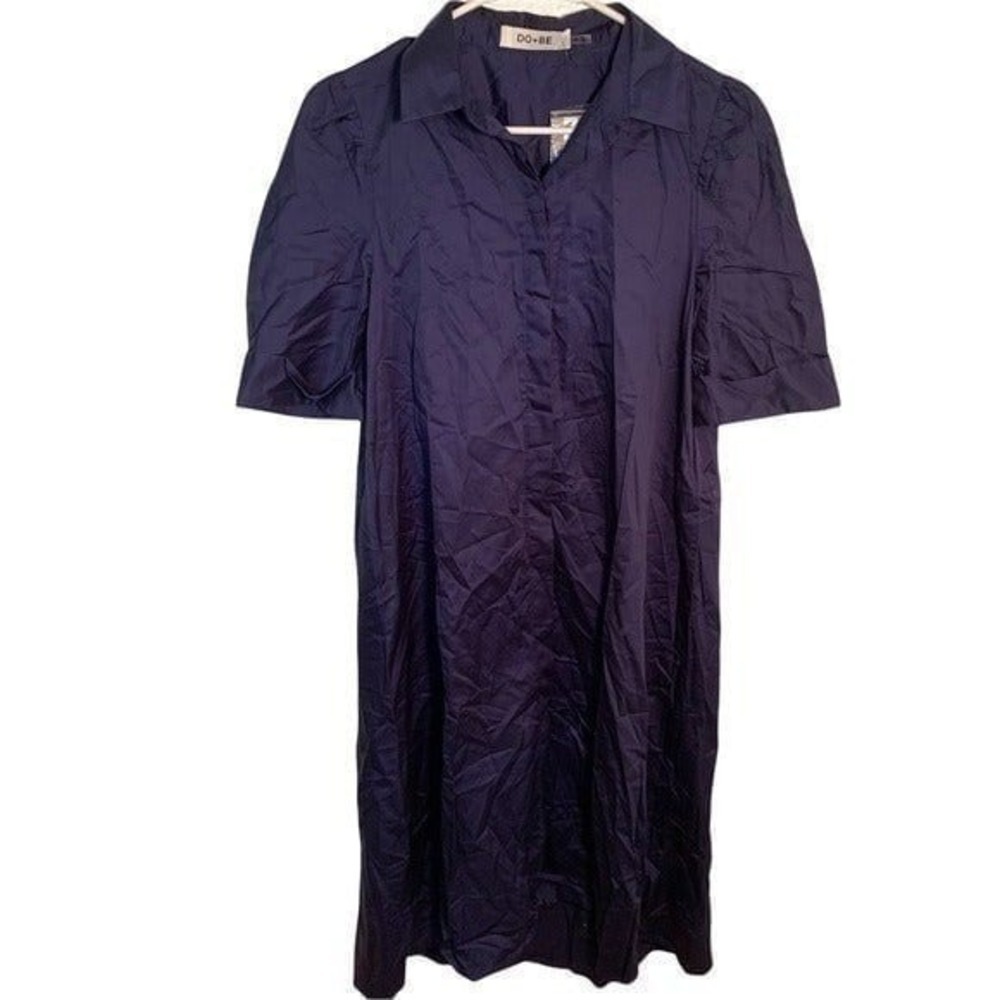 DO + BE Women's Size XS Short Puff Sleeve Shirt Dress Midi Button Down Navy Blue